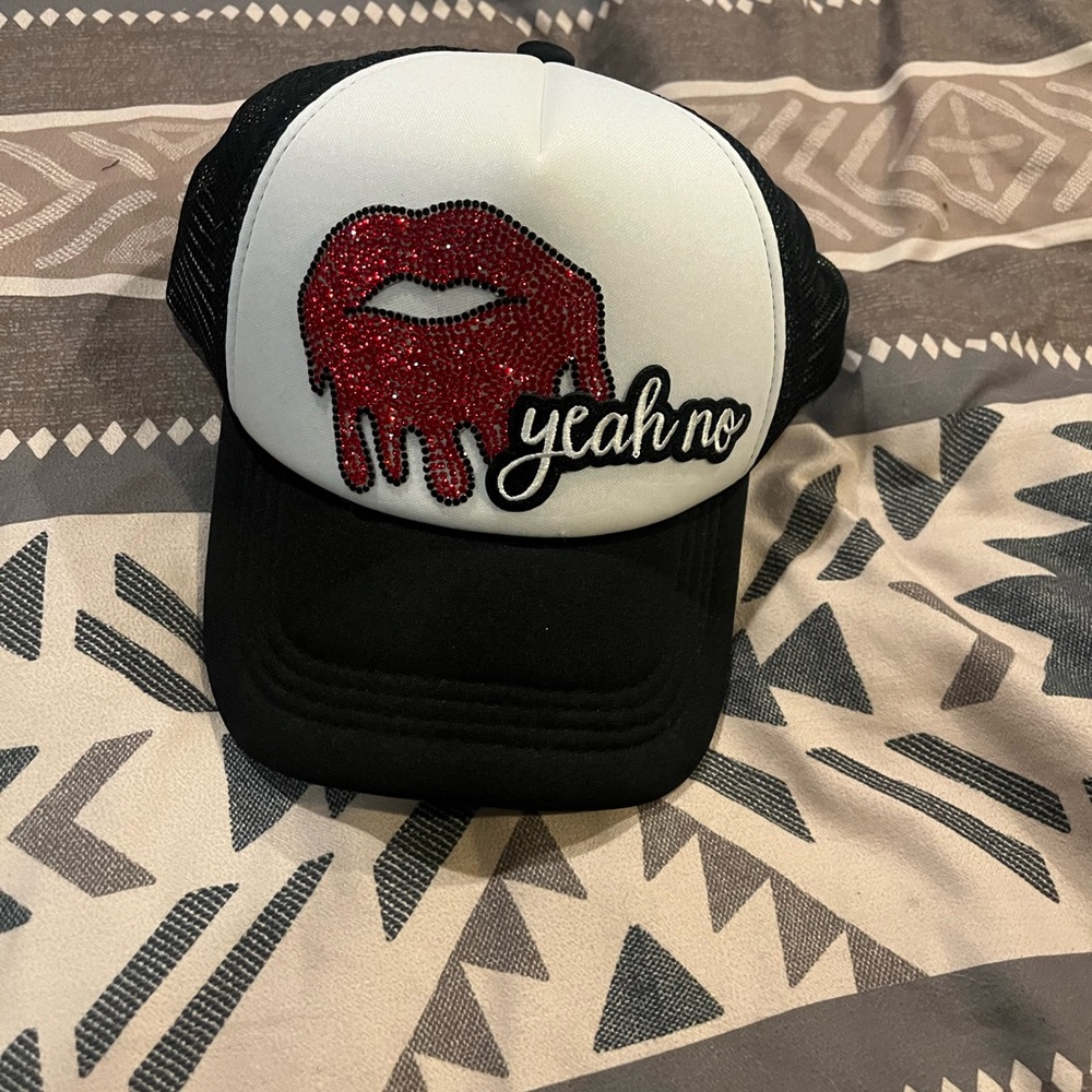 Black & White Trucker Hat Red Gem Lips Design